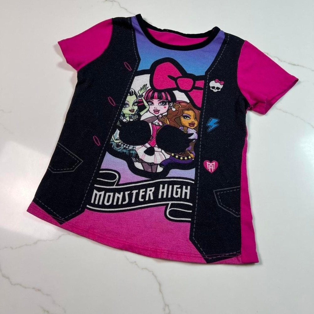 Monster High Graphic Tee Women Babydoll Faux Vest Pink Black Mattel Ghoul Squad